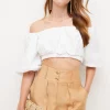 Cheap 🔥 Karen Millen Tailored Linen Blend Bardot Volume Sleeve Crop Top 🌟 -Occasionwear Popular Store bkk03860 ivory xl