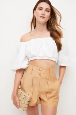 Cheap 🔥 Karen Millen Tailored Linen Blend Bardot Volume Sleeve Crop Top 🌟