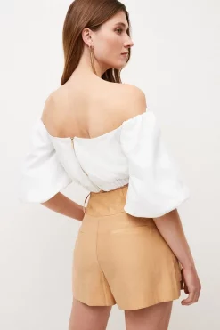 Cheap 🔥 Karen Millen Tailored Linen Blend Bardot Volume Sleeve Crop Top 🌟 -Occasionwear Popular Store bkk03860 ivory xl 2