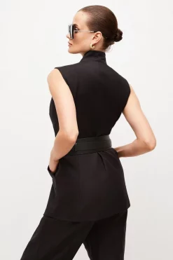 Buy 👏 Karen Millen Tailored Linen Blend Sleeveless Belted Jacket 😍 -Occasionwear Popular Store bkk03862 black xl 2