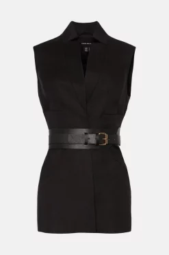 Buy 👏 Karen Millen Tailored Linen Blend Sleeveless Belted Jacket 😍 -Occasionwear Popular Store bkk03862 black xl 3