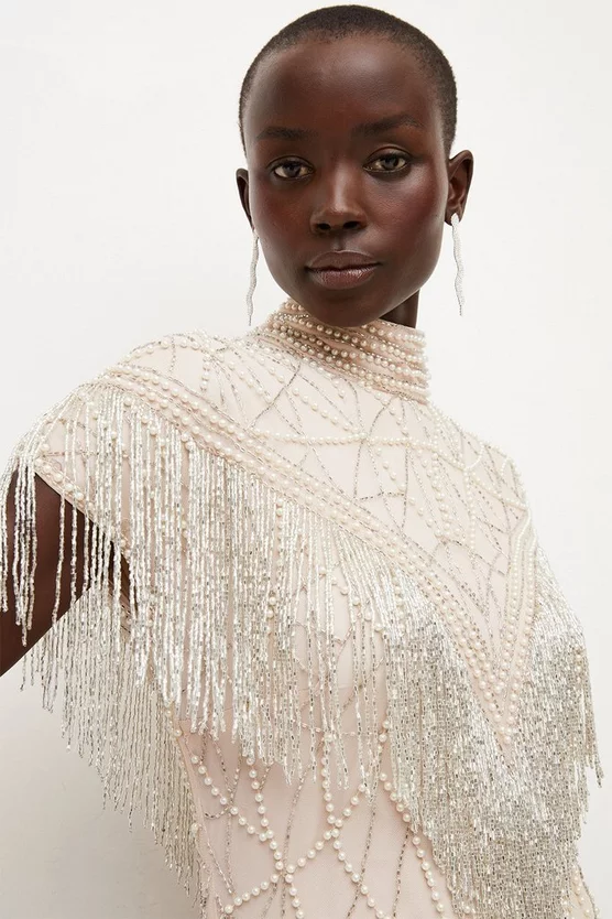 Coupon 💯 Karen Millen Embellished Tassle Sleeve Mini 👗 Dress - nude 👏 4 Coupon 💯 Karen Millen Embellished Tassle Sleeve Mini 👗 Dress - nude 👏 - Image 2