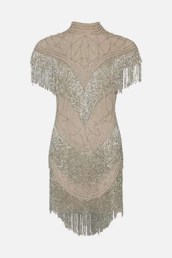 Coupon 💯 Karen Millen Embellished Tassle Sleeve Mini 👗 Dress - nude 👏 6 Coupon 💯 Karen Millen Embellished Tassle Sleeve Mini 👗 Dress - nude 👏 - Image 4