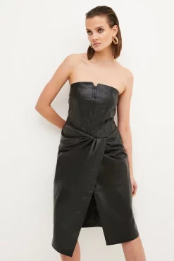 Cheap ✔️ Karen Millen Leather Eyelet Corset Draped Midi 👗 Dress ​ ❤️