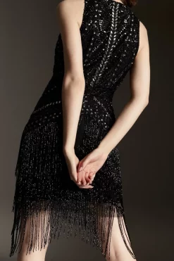 Best deal 😍 Karen Millen Sequin and Beaded Fringed Woven Mini 👗 Dress 😍 -Occasionwear Popular Store bkk04315 black xl 5