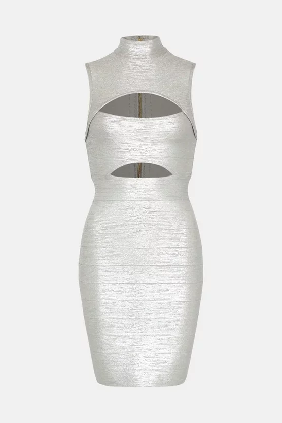 Buy 🎁 Karen Millen Foiled Bandage Knit Cut Out Detail Mini 👗 Dress - silver 🥰 6 Buy 🎁 Karen Millen Foiled Bandage Knit Cut Out Detail Mini 👗 Dress - silver 🥰 - Image 4