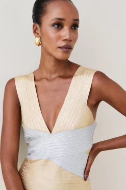 Hot Sale 💯 Karen Millen Foiled Bandage Knit Midi 👗 Dress - gold 😉 -Occasionwear Popular Store bkk04363 gold xl 2