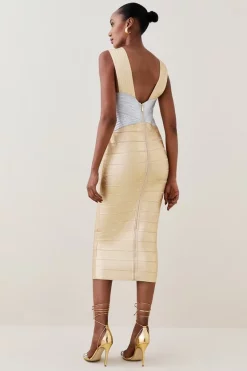 Hot Sale 💯 Karen Millen Foiled Bandage Knit Midi 👗 Dress - gold 😉 -Occasionwear Popular Store bkk04363 gold xl 3