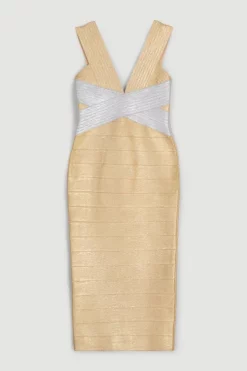 Hot Sale 💯 Karen Millen Foiled Bandage Knit Midi 👗 Dress - gold 😉 -Occasionwear Popular Store bkk04363 gold xl 4