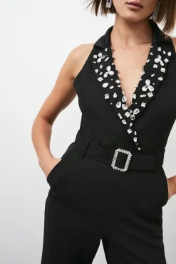 Coupon ⭐ Karen Millen Compact Stretch Embellished Collar Jumpsuit 🧨 -Occasionwear Popular Store bkk04376 black xl 1