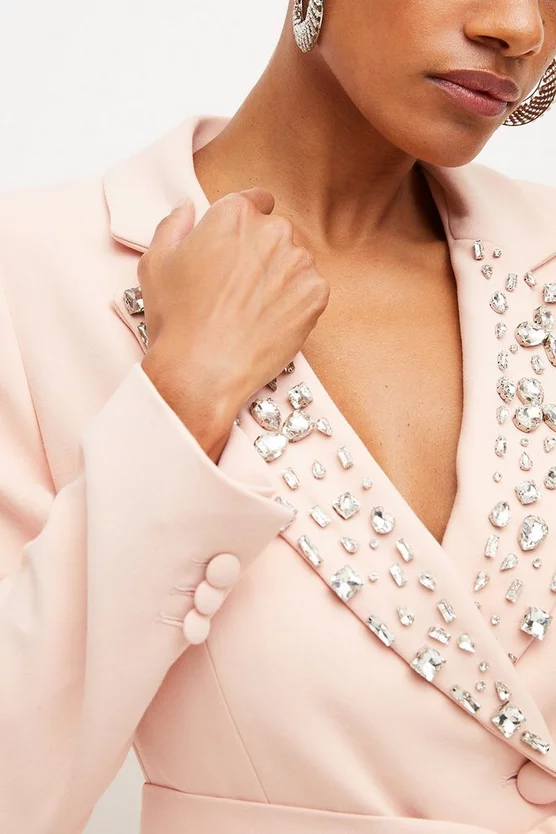 New 🤩 Karen Millen Compact Stretch Embellished Belted Tux Mini 👗 Dress ❤️ 4 New 🤩 Karen Millen Compact Stretch Embellished Belted Tux Mini 👗 Dress ❤️ - Image 2