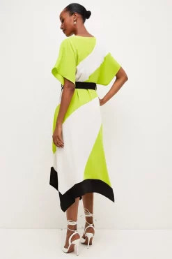 Flash Sale 🥰 Karen Millen Colourblock Soft Tie Waist Midi 👗 Dress 🥰 -Occasionwear Popular Store bkk04410 lime xl 2