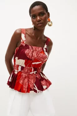 Buy ๐ Karen Millen Floral Tiered Cotton Ruched Top ๐