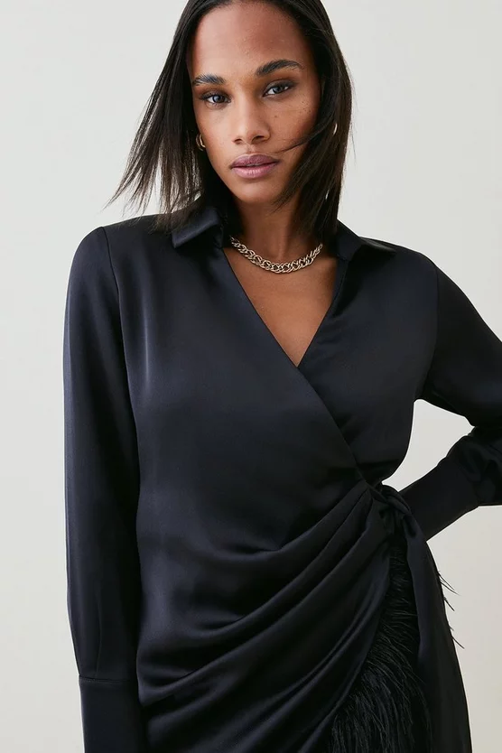 Best Pirce ๐ Karen Millen Satin Back Crepe Feather Hem ๐ Shirt Mini ๐ Dress ๐ฏ 4 Best Pirce ๐ Karen Millen Satin Back Crepe Feather Hem ๐ Shirt Mini ๐ Dress ๐ฏ - Image 2