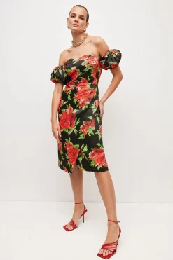 Brand new 🧨 Karen Millen Italian Signature Stretch Rose Print Bardot Midi 👗 Dress 👍 -Occasionwear Popular Store bkk04534 black xl 1