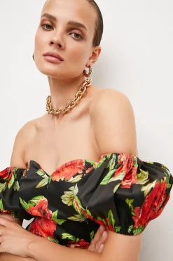 Brand new 🧨 Karen Millen Italian Signature Stretch Rose Print Bardot Midi 👗 Dress 👍 -Occasionwear Popular Store bkk04534 black xl 2