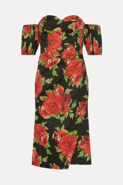 Brand new 🧨 Karen Millen Italian Signature Stretch Rose Print Bardot Midi 👗 Dress 👍 -Occasionwear Popular Store bkk04534 black xl 3