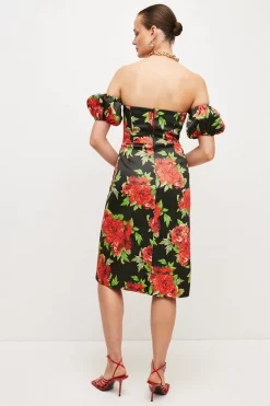 Brand new 🧨 Karen Millen Italian Signature Stretch Rose Print Bardot Midi 👗 Dress 👍 -Occasionwear Popular Store bkk04534 black xl 4