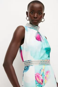 Promo ✔️ Karen Millen Diamante Trim Floral Woven Midi 👗 Dress 🔔 -Occasionwear Popular Store bkk04553 floral xl 1