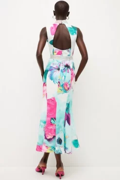 Promo ✔️ Karen Millen Diamante Trim Floral Woven Midi 👗 Dress 🔔 -Occasionwear Popular Store bkk04553 floral xl 2