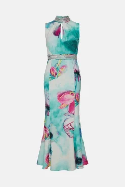 Promo ✔️ Karen Millen Diamante Trim Floral Woven Midi 👗 Dress 🔔 -Occasionwear Popular Store bkk04553 floral xl 3