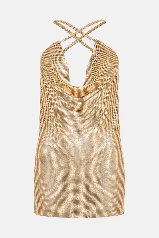 Promo โจ Karen Millen Diamante Chain Mail Cowl Side Split Mini ๐ Dress - gold ๐ 6 Promo โจ Karen Millen Diamante Chain Mail Cowl Side Split Mini ๐ Dress - gold ๐ - Image 4