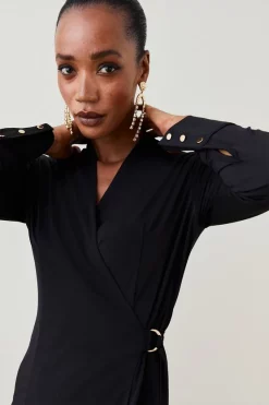 Best Pirce 🤩 Karen Millen Slinky Buckle Detail Wrap Jersey Mini 👗 Dress ✔️ -Occasionwear Popular Store bkk04728 black xl 2