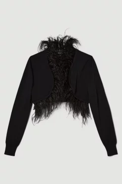 Wholesale 🎁 Karen Millen Feather Trim Knit Bolero With Mesh Sleeve - black 🎁 -Occasionwear Popular Store bkk04768 black xl 3