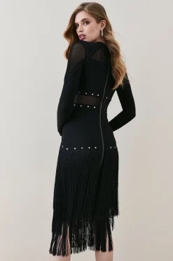 New 🥰 Karen Millen Studded Fringe Mesh Insert Bandage Midi 👗 Dress 🥰 -Occasionwear Popular Store bkk04771 black xl 2