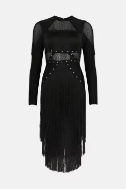 New 🥰 Karen Millen Studded Fringe Mesh Insert Bandage Midi 👗 Dress 🥰 -Occasionwear Popular Store bkk04771 black xl 3
