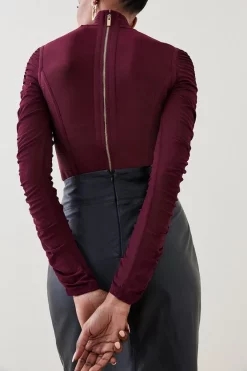Outlet ❤️ Karen Millen Ruched Mesh Funnel Neck Bandage Top - cabernet ✨ -Occasionwear Popular Store bkk04778 cabernet xl 5