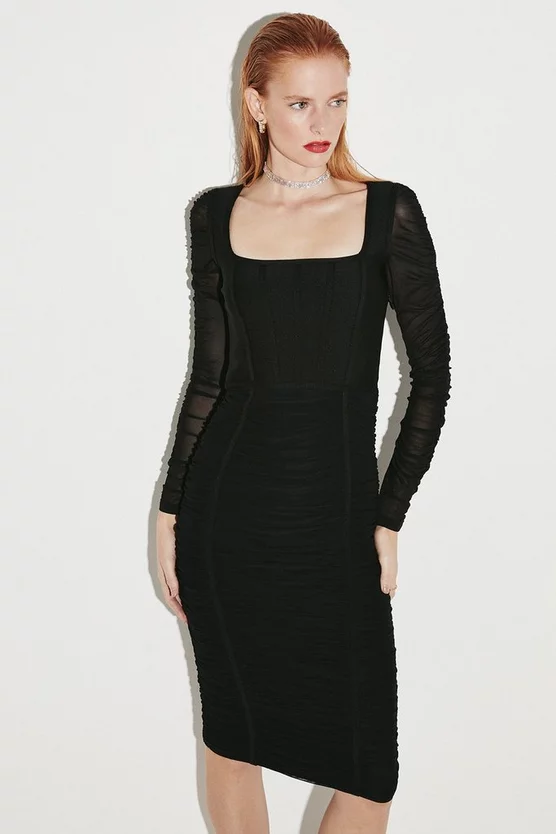 Coupon 😍 Karen Millen Ruched Mesh Square Neck Bandage Midi 👗 Dress - black 🎁 5 Coupon 😍 Karen Millen Ruched Mesh Square Neck Bandage Midi 👗 Dress - black 🎁 - Image 3