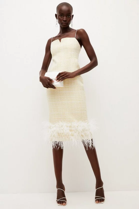 Outlet 🛒 Karen Millen Tweed Chain Strap Feather Hem Midi 👗 Dress - lemon 🤩 3 Outlet 🛒 Karen Millen Tweed Chain Strap Feather Hem Midi 👗 Dress - lemon 🤩
