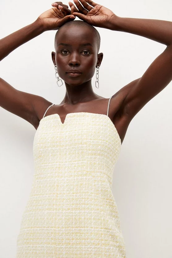 Outlet 🛒 Karen Millen Tweed Chain Strap Feather Hem Midi 👗 Dress - lemon 🤩 4 Outlet 🛒 Karen Millen Tweed Chain Strap Feather Hem Midi 👗 Dress - lemon 🤩 - Image 2