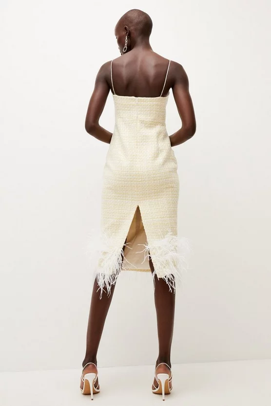 Outlet 🛒 Karen Millen Tweed Chain Strap Feather Hem Midi 👗 Dress - lemon 🤩 5 Outlet 🛒 Karen Millen Tweed Chain Strap Feather Hem Midi 👗 Dress - lemon 🤩 - Image 3