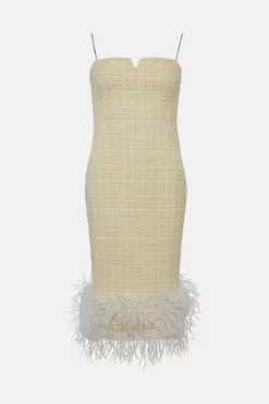 Outlet 🛒 Karen Millen Tweed Chain Strap Feather Hem Midi 👗 Dress - lemon 🤩 10 Outlet 🛒 Karen Millen Tweed Chain Strap Feather Hem Midi 👗 Dress - lemon 🤩 -Occasionwear Popular Store bkk04868 lemon xl 3