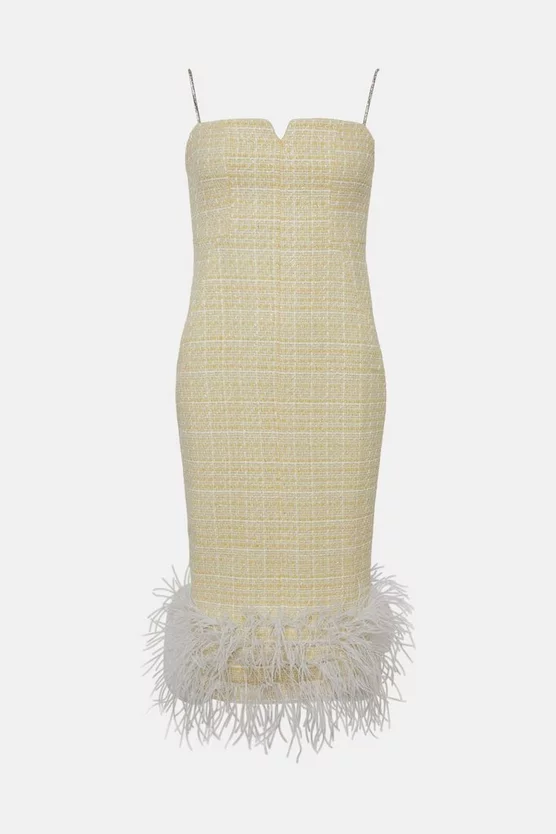 Outlet 🛒 Karen Millen Tweed Chain Strap Feather Hem Midi 👗 Dress - lemon 🤩 6 Outlet 🛒 Karen Millen Tweed Chain Strap Feather Hem Midi 👗 Dress - lemon 🤩 - Image 4