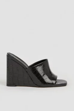 Best deal 🎉 Karen Millen Leather Croc Wedge Open Toe Mules - black ✔️ -Occasionwear Popular Store bkk04936 black xl 2