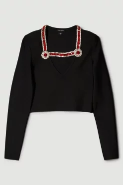 Wholesale 🌟 Karen Millen Gem Trim Bandage Knit Long Sleeve Top - black ⌛ -Occasionwear Popular Store bkk05058 black xl 3