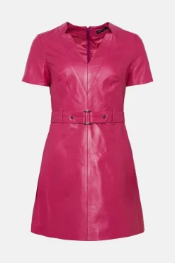 Deals ✨ Karen Millen Leather Tab Detail Aline Mini 👗 Dress 😀 -Occasionwear Popular Store bkk05099 hot20pink xl 3