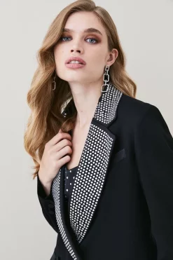 Flash Sale 🎉 Karen Millen Satin Diamante Lapel Double Breasted Blazer ✔️ -Occasionwear Popular Store bkk05109 black xl 1