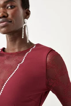 Flash Sale ✨ Karen Millen Lace Front Diamante Long Sleeve Top ✨ -Occasionwear Popular Store bkk05137 burgundy xl 1