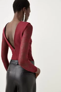 Flash Sale ✨ Karen Millen Lace Front Diamante Long Sleeve Top ✨ -Occasionwear Popular Store bkk05137 burgundy xl 2