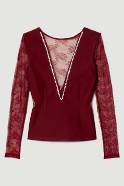 Flash Sale ✨ Karen Millen Lace Front Diamante Long Sleeve Top ✨ -Occasionwear Popular Store bkk05137 burgundy xl 3