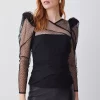 Best Pirce 👏 Karen Millen Mixed Mesh Spot Tulle Top 🔥 -Occasionwear Popular Store bkk05138 black xl