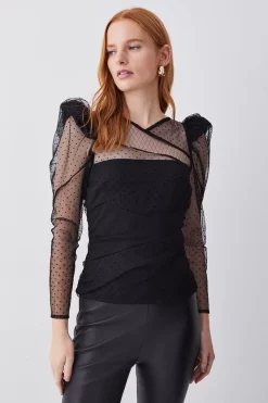 Best Pirce 👏 Karen Millen Mixed Mesh Spot Tulle Top 🔥