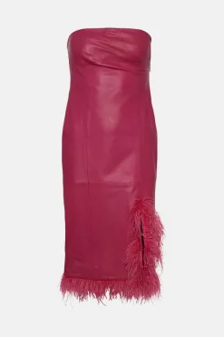 New 🌟 Karen Millen Leather Feather Detail Bandeau Pencil Midi 👗 Dress 🔥 -Occasionwear Popular Store bkk05177 hot20pink xl 3