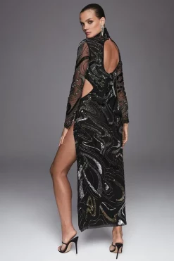 Brand new 😀 Karen Millen Hand Beaded And Embellished High Split 👗 Dress - black ✨ -Occasionwear Popular Store bkk05253 black xl 3