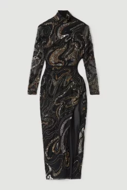 Brand new 😀 Karen Millen Hand Beaded And Embellished High Split 👗 Dress - black ✨ -Occasionwear Popular Store bkk05253 black xl 4