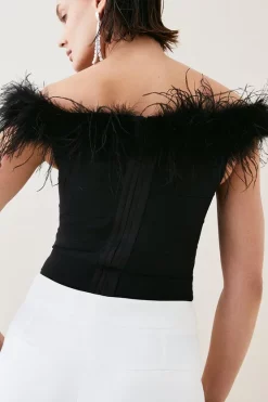 Promo 🔔 Karen Millen Bandage Bardot Feather Knit Top 👏 -Occasionwear Popular Store bkk05279 black xl 2